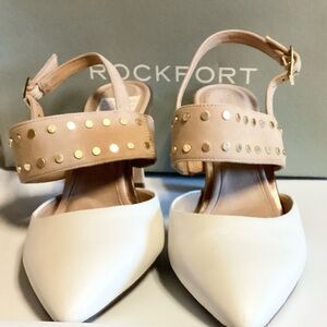Rockport Slingback Studded Heel Sandals Shoes Tan White Size 7 New